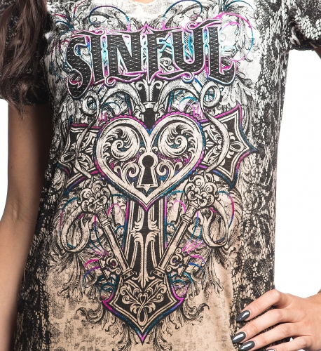 Жіноча футболка Sinful By Affliction Silver Canyon White-Desert Sand Dip Dye фото