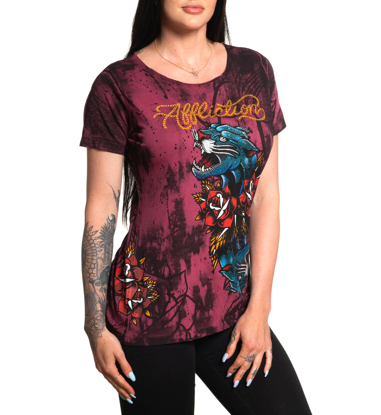 Жіноча футболка Affliction Dottie Rose Scoop Mohogany фото