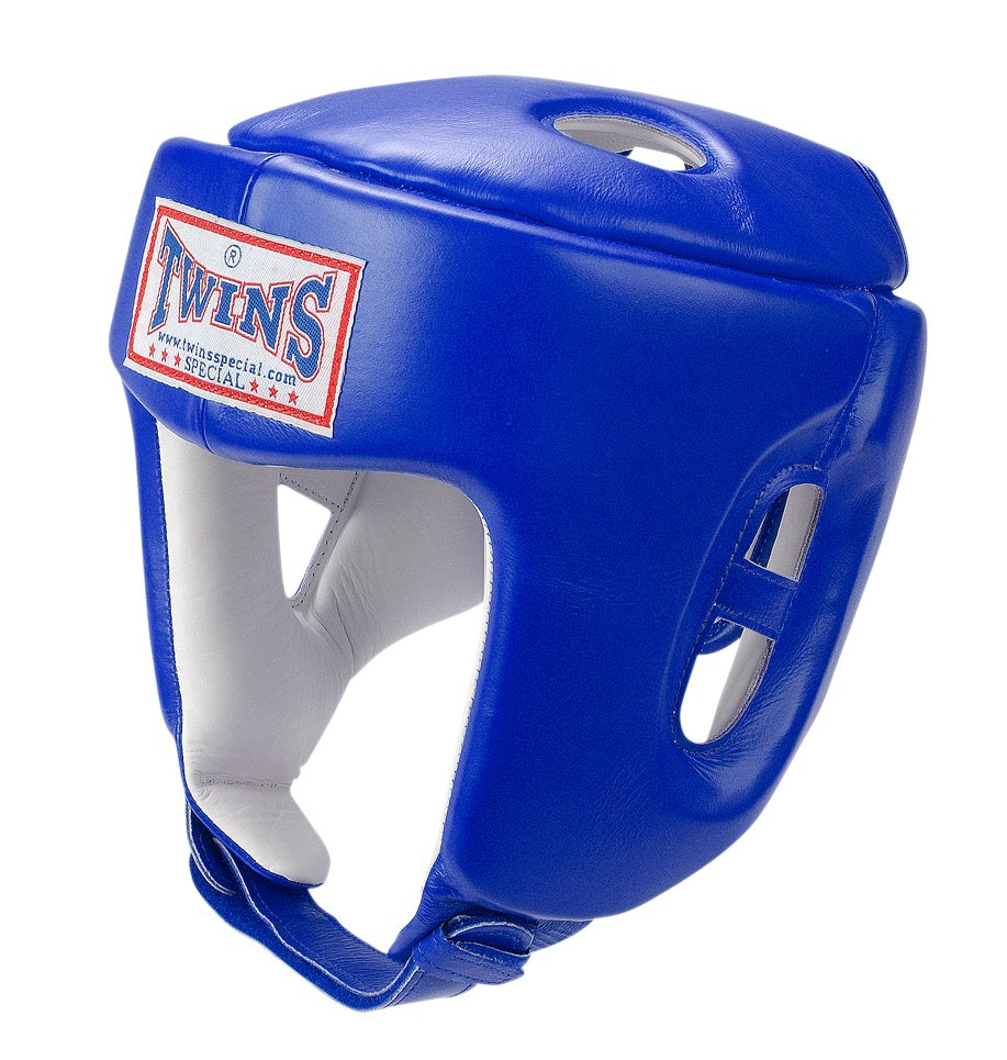 Боксерский шлем Twins Head Gear Premium Leather Padded Top Blue