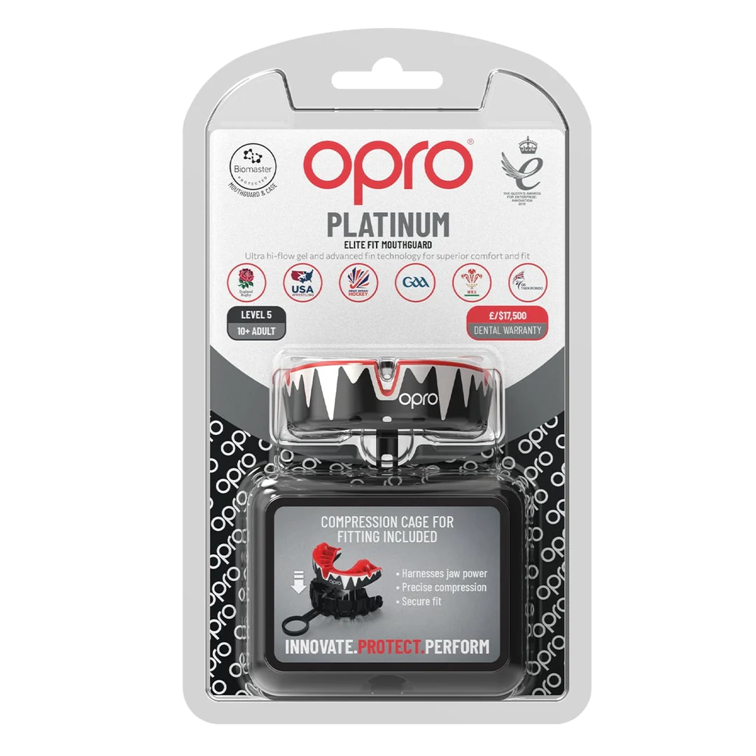 OPRO Self Fit GEN5 Platinum Fangz Black Gold Red Mouthguard size