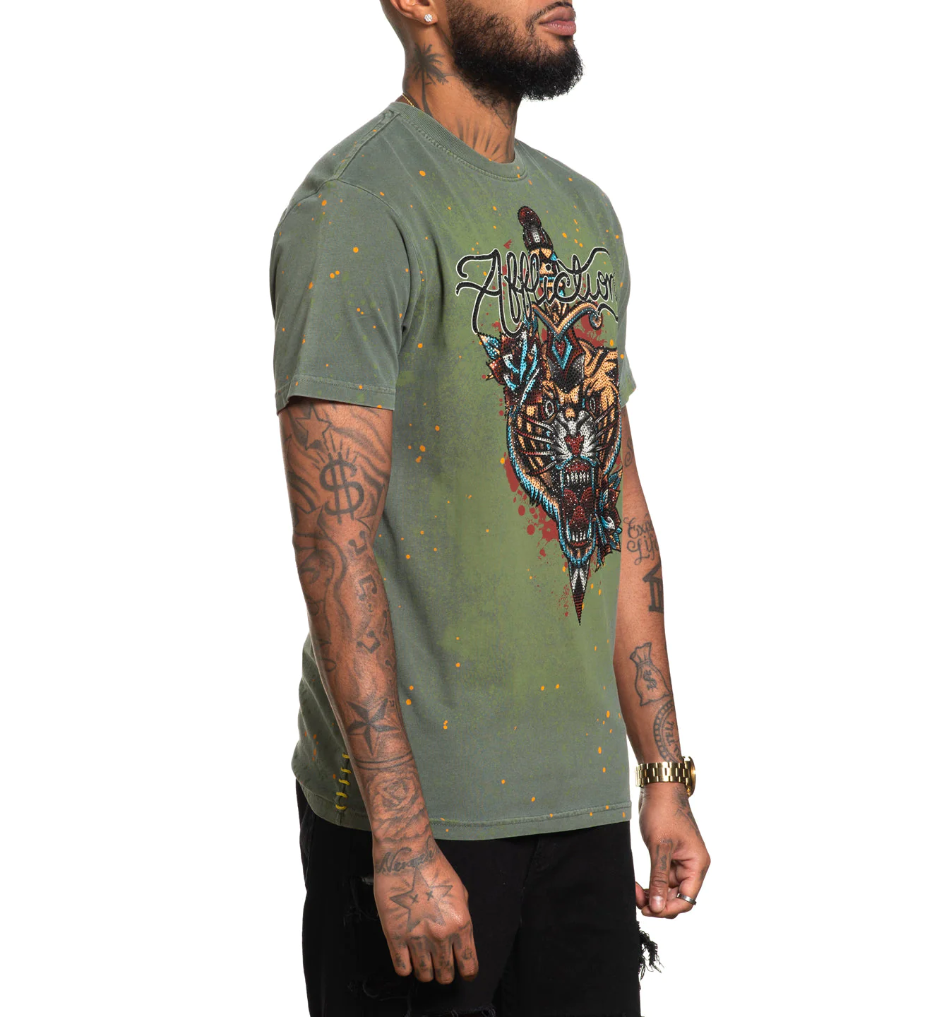 Affliction Alchemic Dagger Tee Olive Pigment Dye T-shirt photo