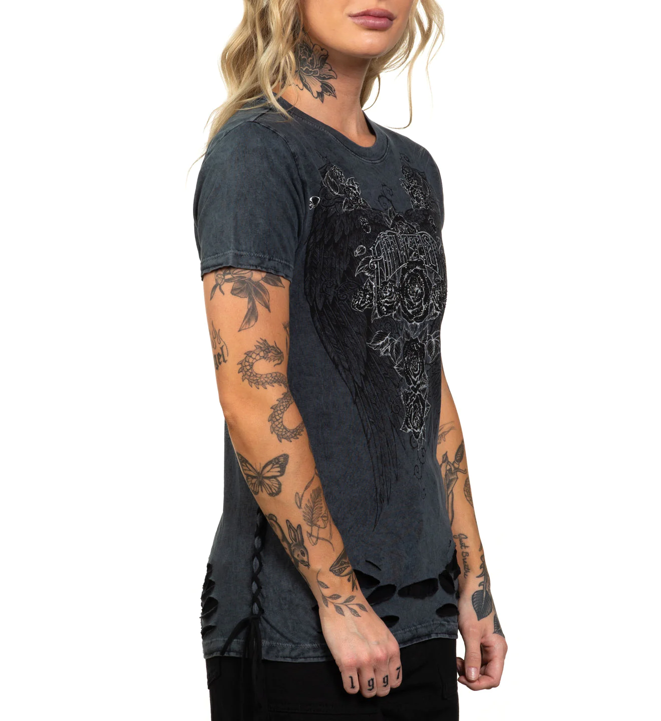 Жіноча футболка Affliction Secret Garden Charcoal Black Lava Tint ціна