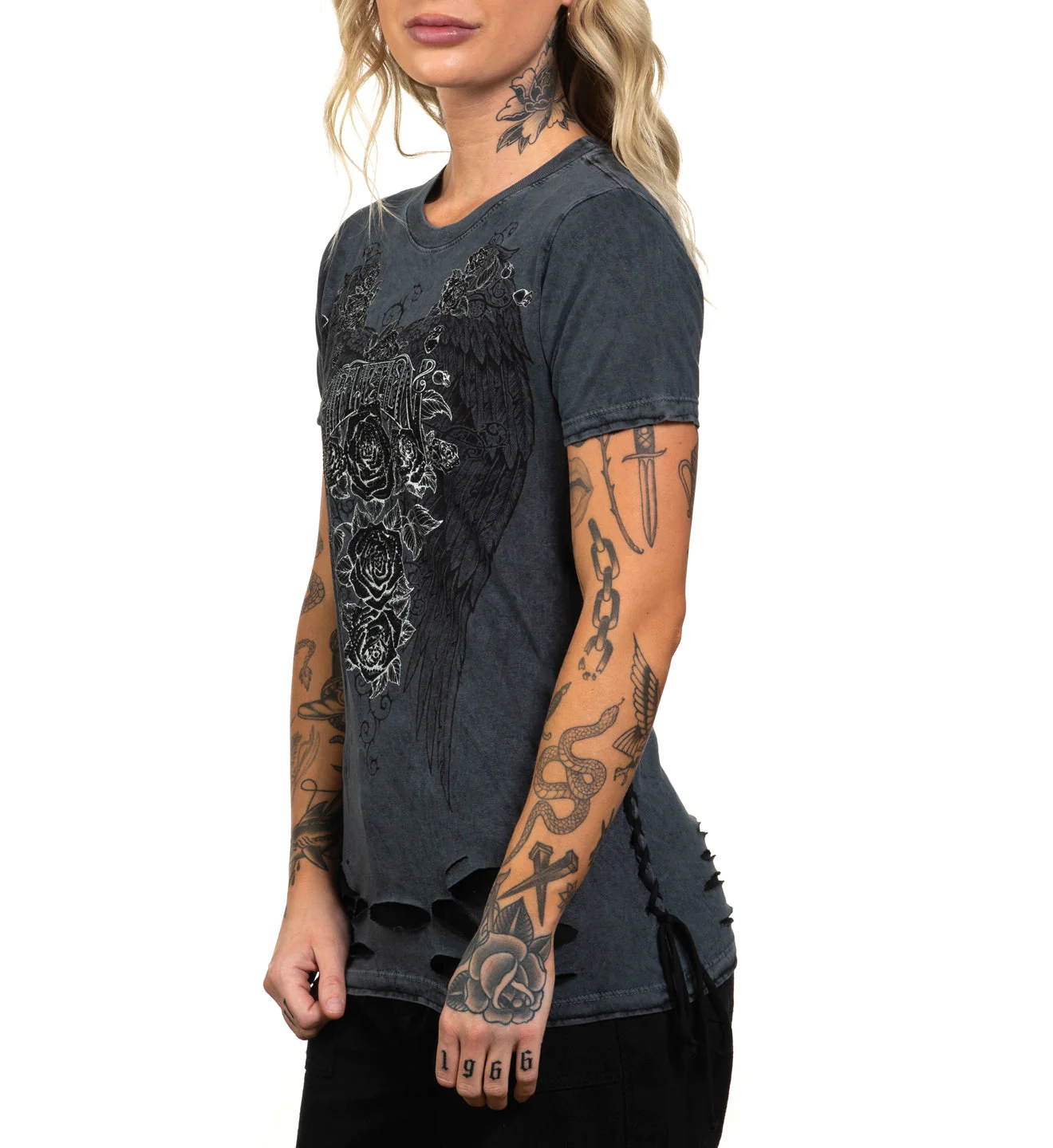 Жіноча футболка Affliction Secret Garden Charcoal Black Lava Tint фото