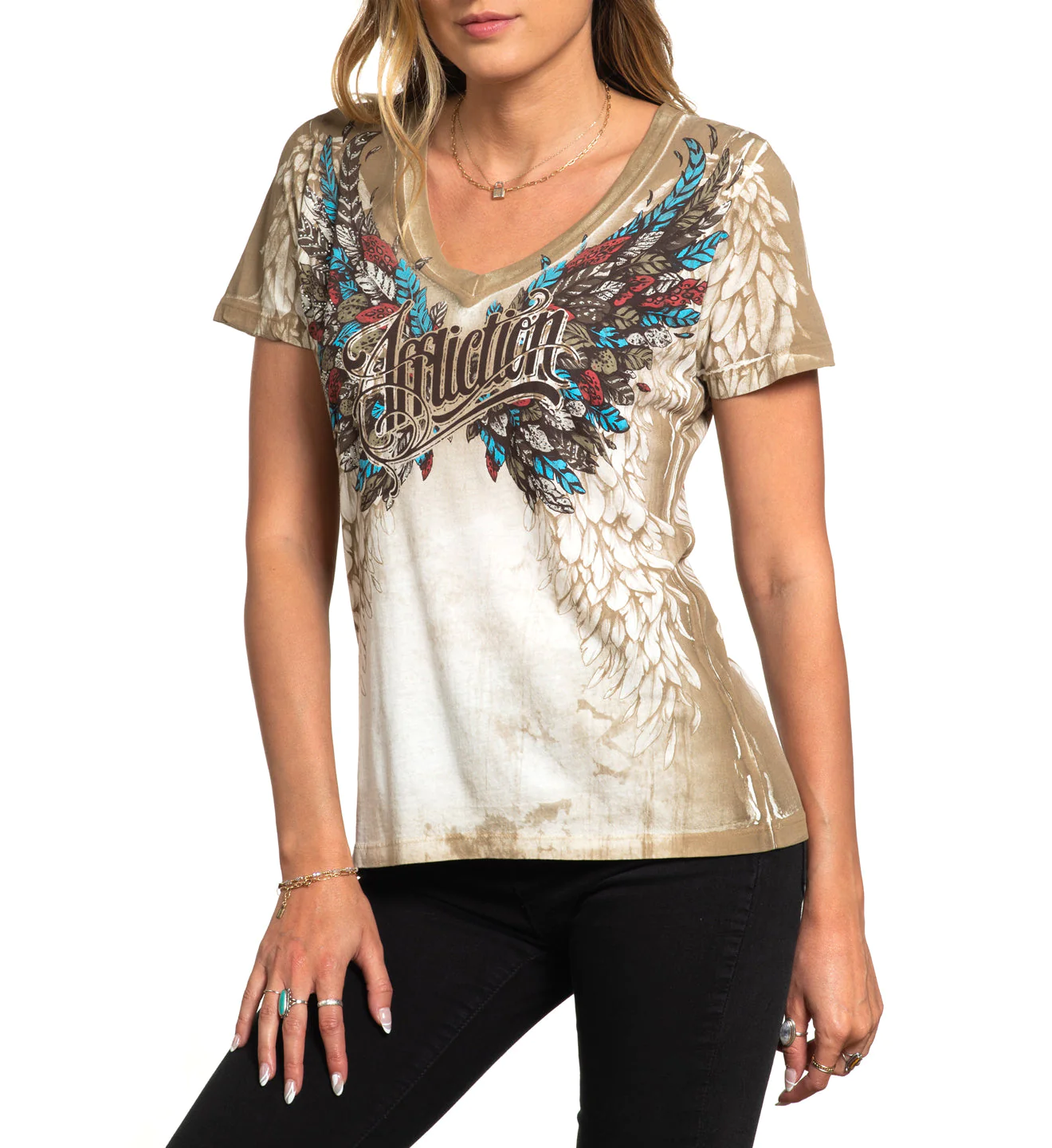 Жіноча футболка Affliction Featherlight V-Neck Vintage White фото