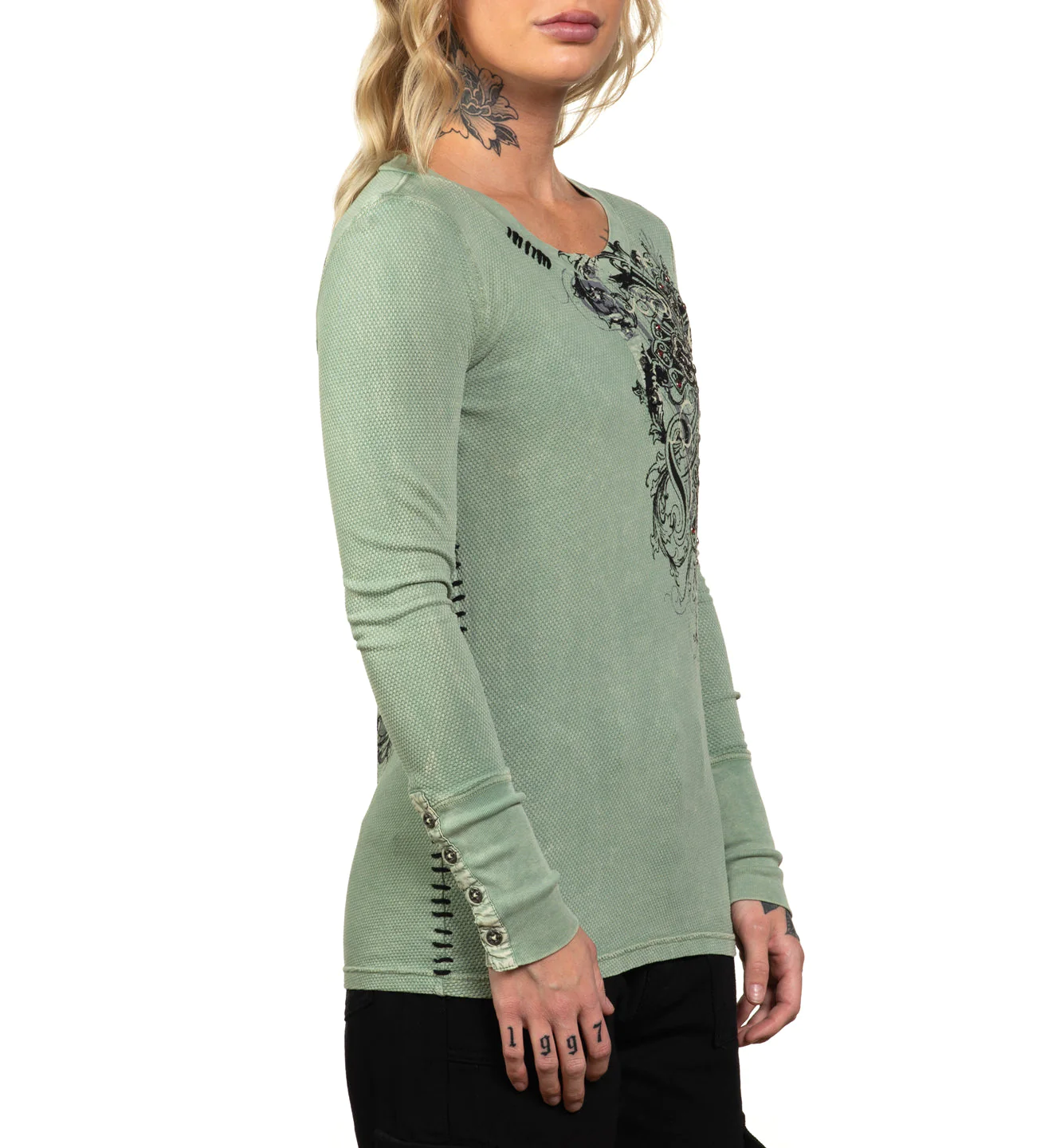 Женский лонгслив Affliction Reverie Henley Pale Green Lava Wash фото