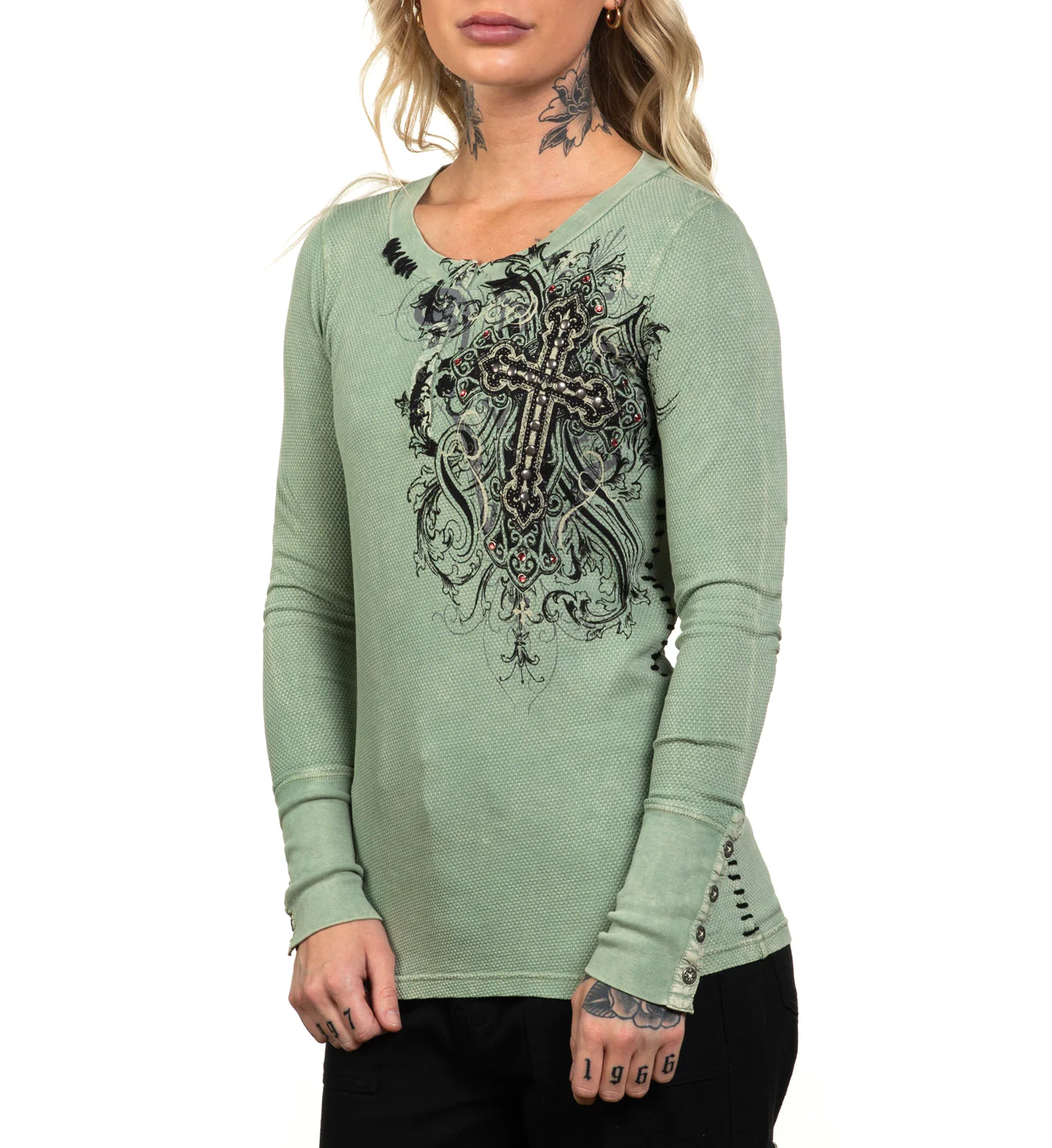 Женский лонгслив Affliction Reverie Henley Pale Green Lava Wash цена