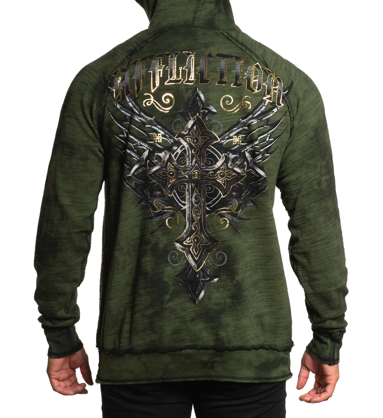 Reversible hoodie Affliction Stone Grail Rev PO Hood Mil.Green Crystal Wash/Black photo